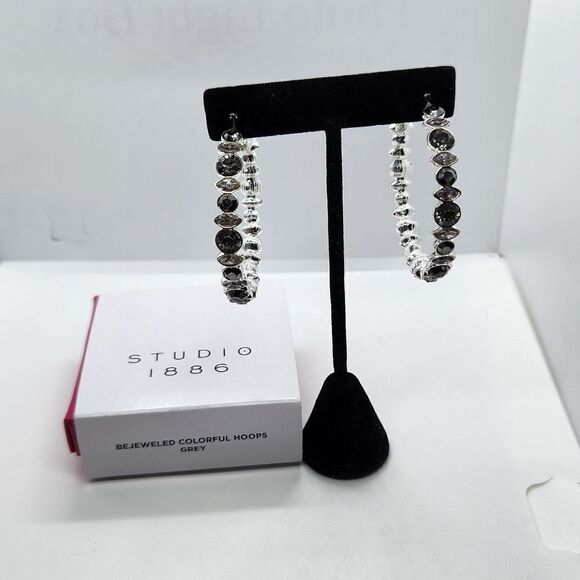 NIB Studio 1886 Bejewled Colorful 2" Hoop Earrings Grey Fashion Jewelry - Picture 1 of 6